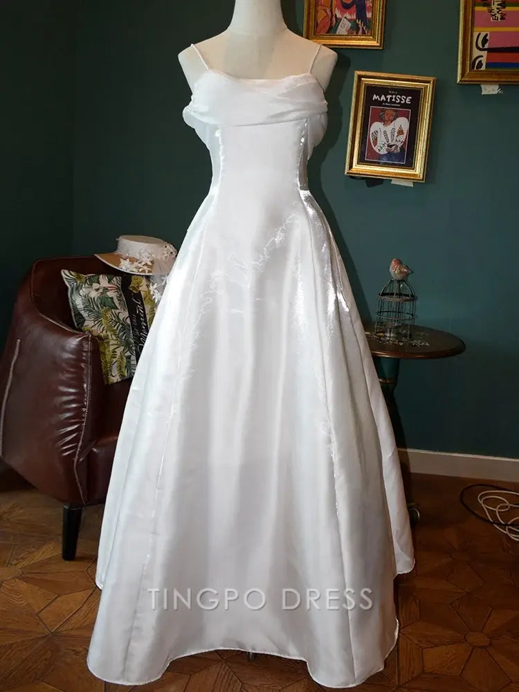TingPo Wholesale Elegant White Vintage Fairycore Shimmering Satin Spaghetti Straps Gown Wedding Dress